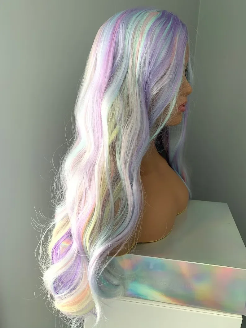 Long Wavy Neon Rainbow Synthetic Wig in the fringe simulation scalp ghost festival wig
