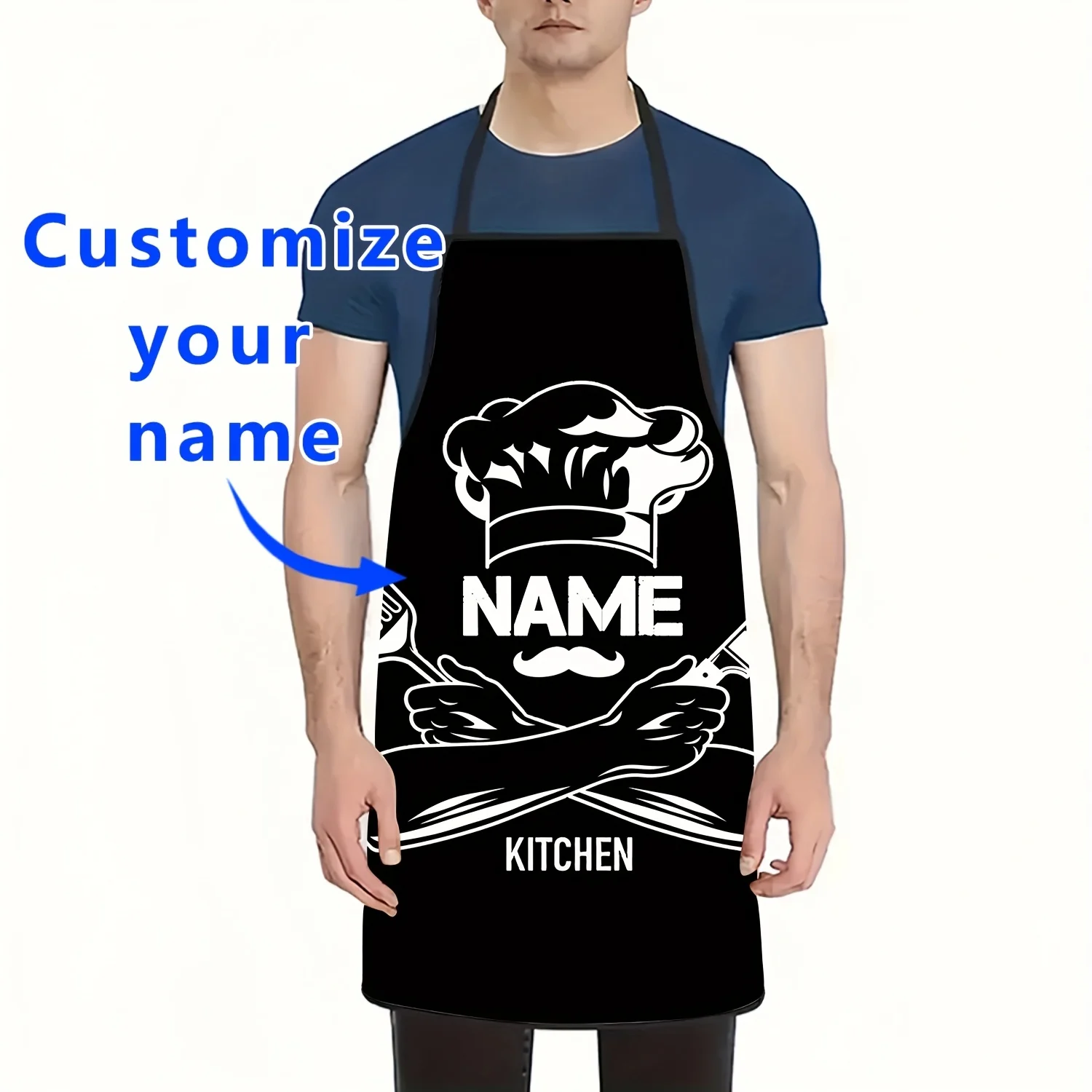1pc Personalized Chef Apron with Custom Name & Kitchen Design - Durable Polyester Cooking Baking Gardening Apron for Men