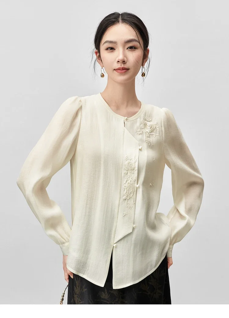 

SENTUBILA Elegant Embroidery Shirt for Women 2024 Autumn Lyocell Blend Round Neck Long Sleeve Top Woman Fall Clothes 143C55796