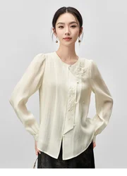 SENTUBILA Elegant Embroidery Shirt for Women 2024 Autumn Lyocell Blend Round Neck Long Sleeve Top Woman Fall Clothes 143C55796