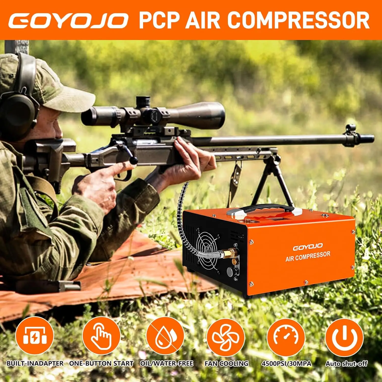 GOYOJO Compressore d'aria PCP, Max 4500 PSI / 300 Bar, riempimento rapido per pistole aeree o serbatoio di paintball, spegnimento automatico, doppia alimentazione per auto 12 V CC