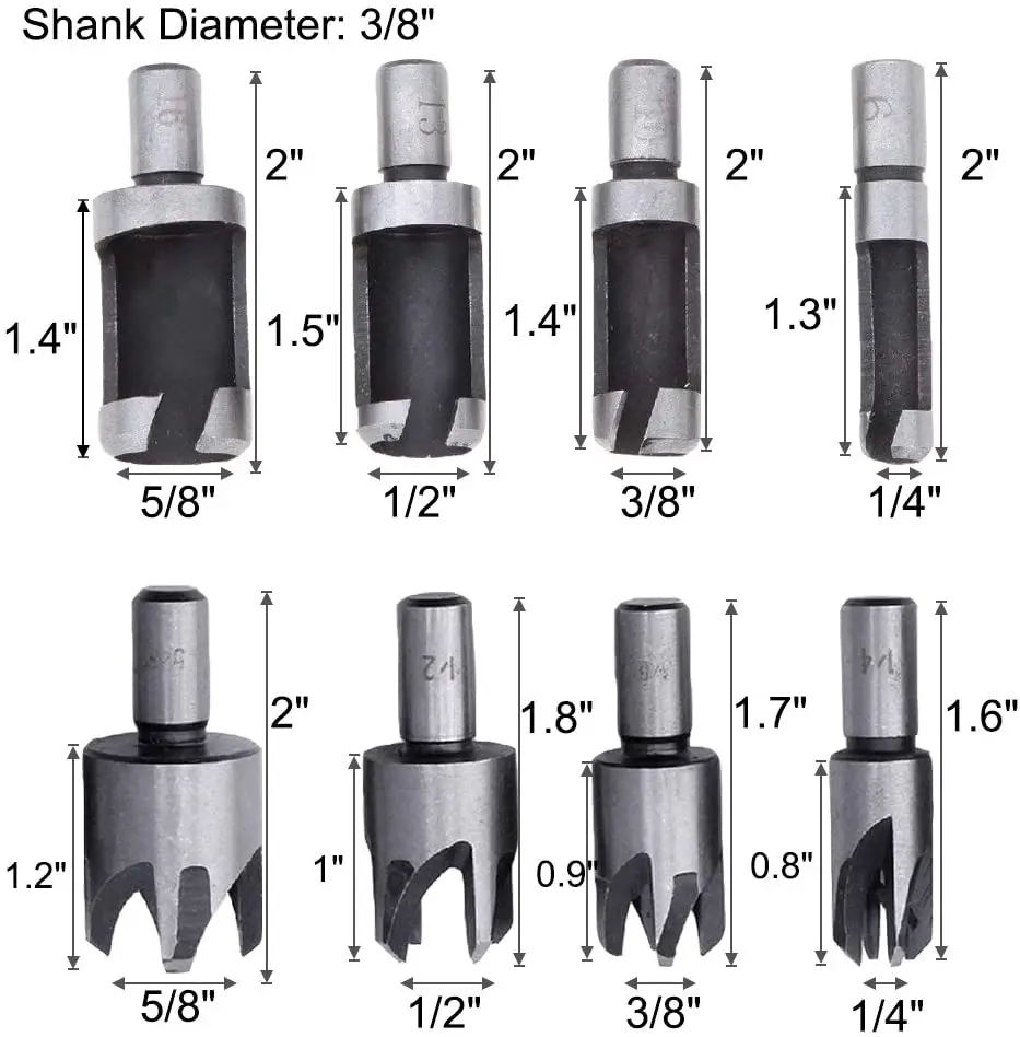8 pces 5/8 "1/2" 3/8 "1/4" plugue de madeira aço carbono cortador broca conjunto 6 pces 1/4 "hex haste 5 flauta 90 graus broca do dissipador