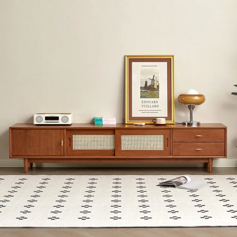 North American cherry wood all-solid wood TV cabinet Nordic white oak living room floor cabinet Black walnut rattan TV cabinet
