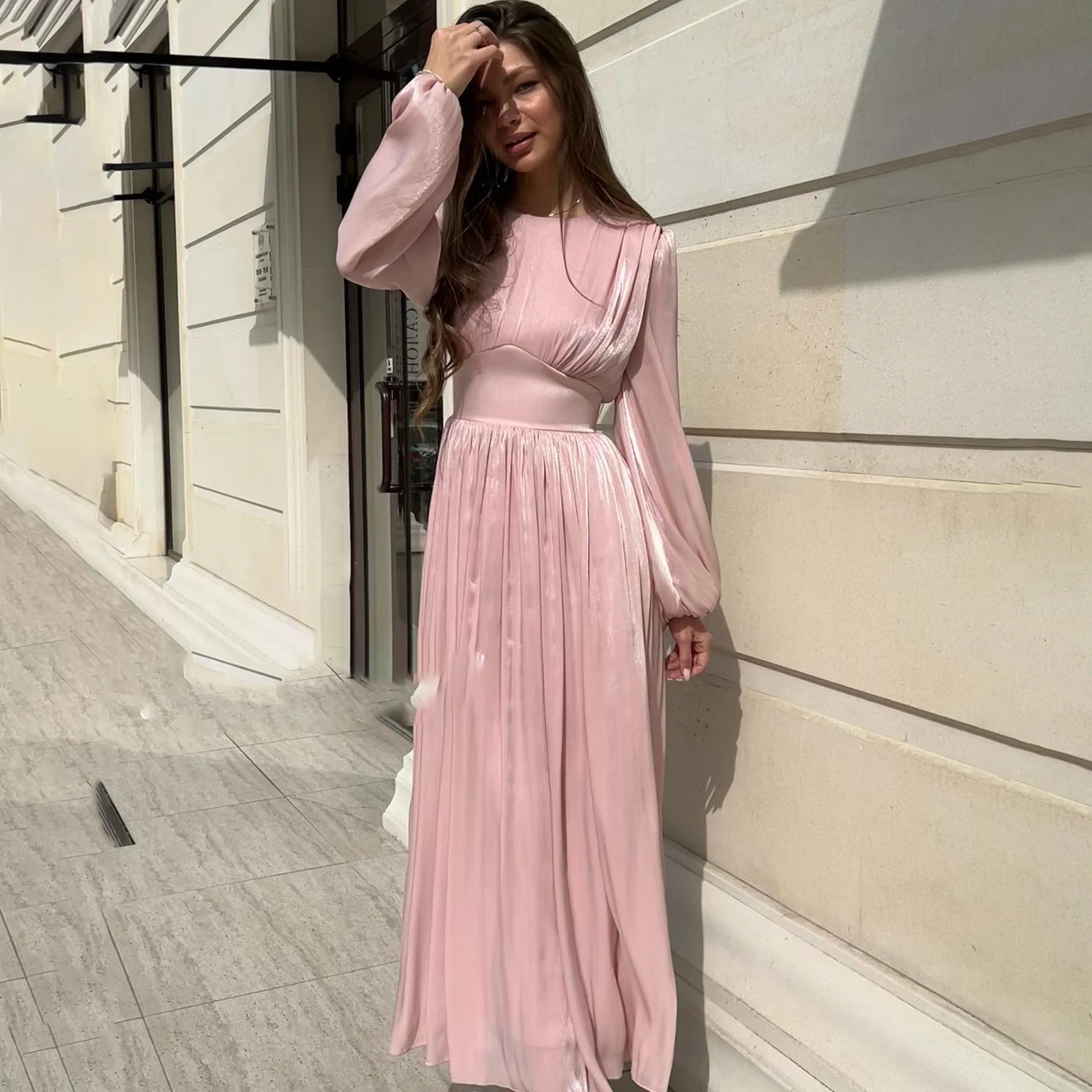 OEING-Robes de soirée formelles de luxe à col rond pour femmes, plissé rose, manches longues, longueur au sol, élégante fête de Rh