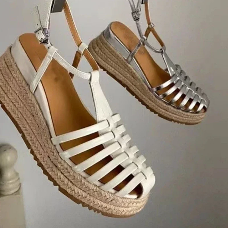 2024 Hollow Flat Heel Gladiator Sandals for Women Closed Toe Hemp Rope Sandals for Women Summer Casual Beach Sandals for Women