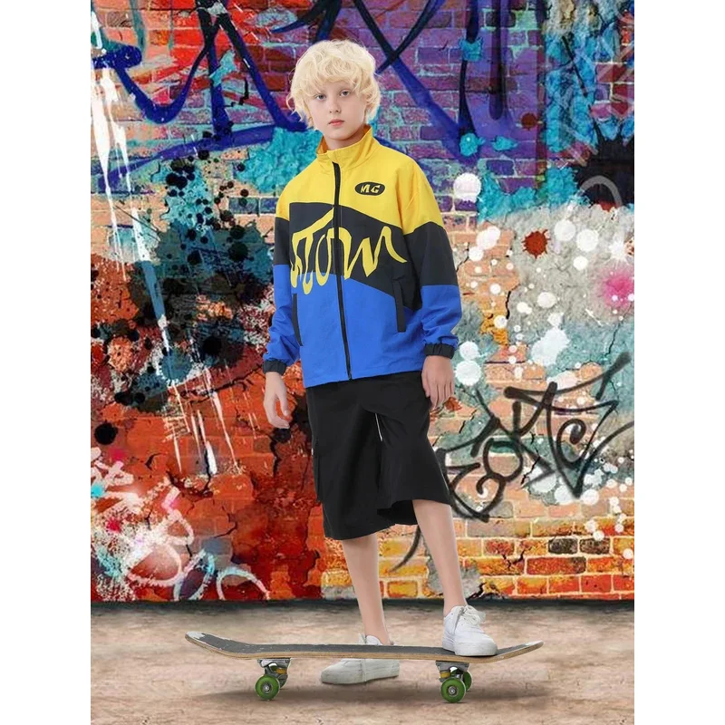 

Детский спортивный костюм в стиле хип-хоп, черный, желтый, с капюшоном, спортивный костюм для уличных танцев, комплект для подиума для мальчиков и девочек, l5