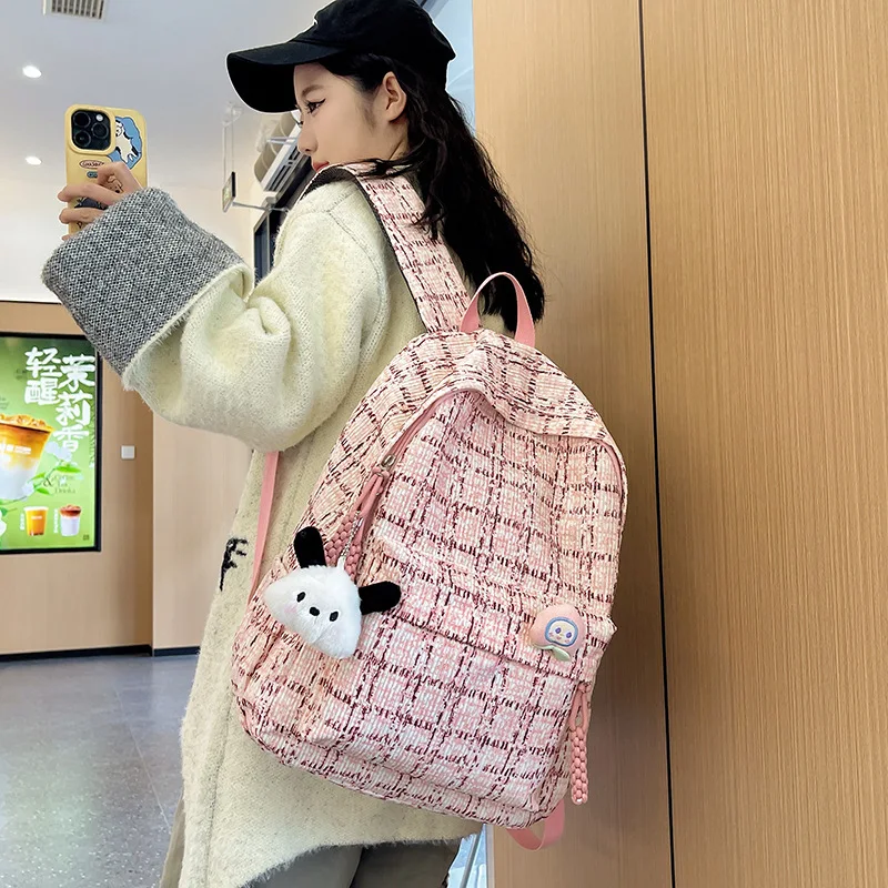 

Japanese Students Shoulders Backpack Teen Girls Literary Plaid Travel Backpack Middle School Students Campus Leisure Schoolbag