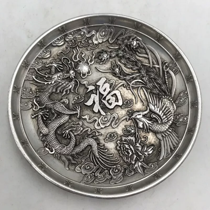 Exquisite Chinese Tibet Silver Handcarved Dragon Phoenix Plate Table Decoration