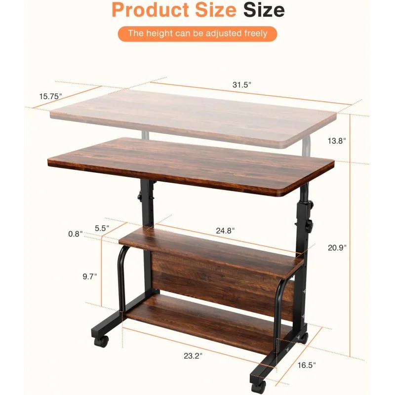 Wheels Adjustable Height Desks for Small Spaces, 32" Computer Desk with Storage Shelves for Home Office Rustic.