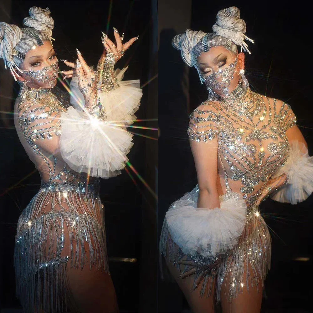 

Women Shining Sparkly Crystal Rhinestones Sexy Bodysuits Lace Tassel Stage Dance Pole Costume Bar DJ Wear