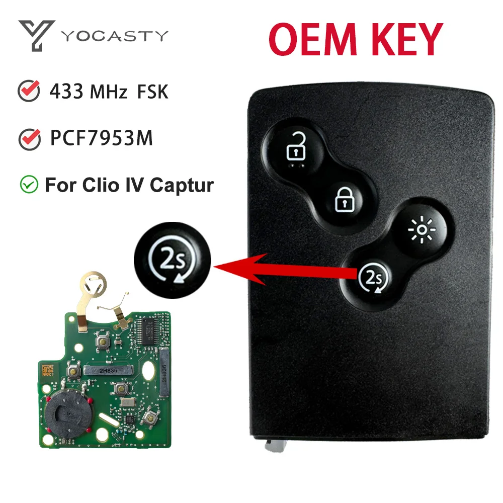 YOCASTY OEM Keyless Smart Car Key 433 MHz 4A Chip PCF7953M For 2009 - 2017 Renault Clio IV Captur Kadjar Remote Start Buttons 