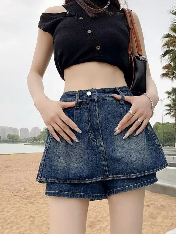 

Джинсовые шорты-юбка А-силуэта с высокой талией, женские, летние, новые, больших размеров, повседневные, с кружевной отделкой, для повседневной носки