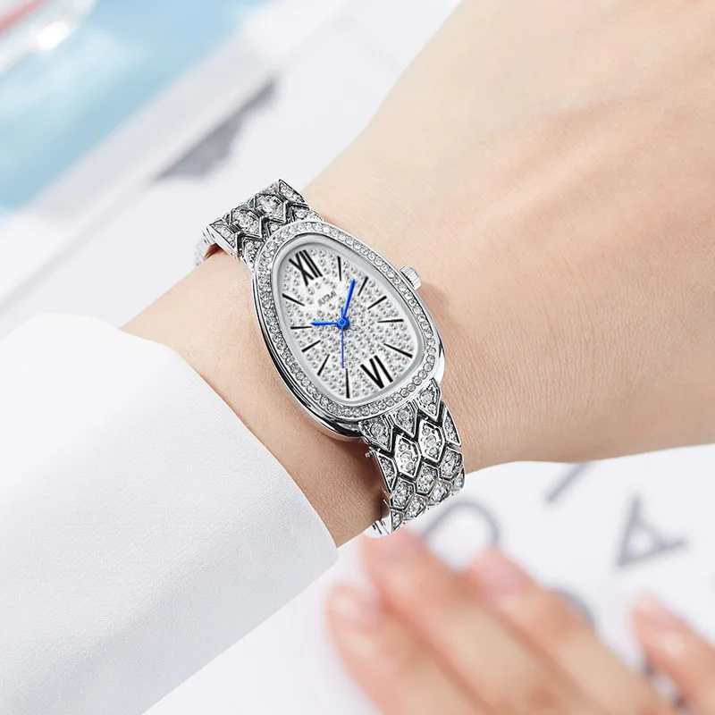 Women Luxury Quartz Watches Full Diamond Oval Waterproof Bracelet Steel Band Watch