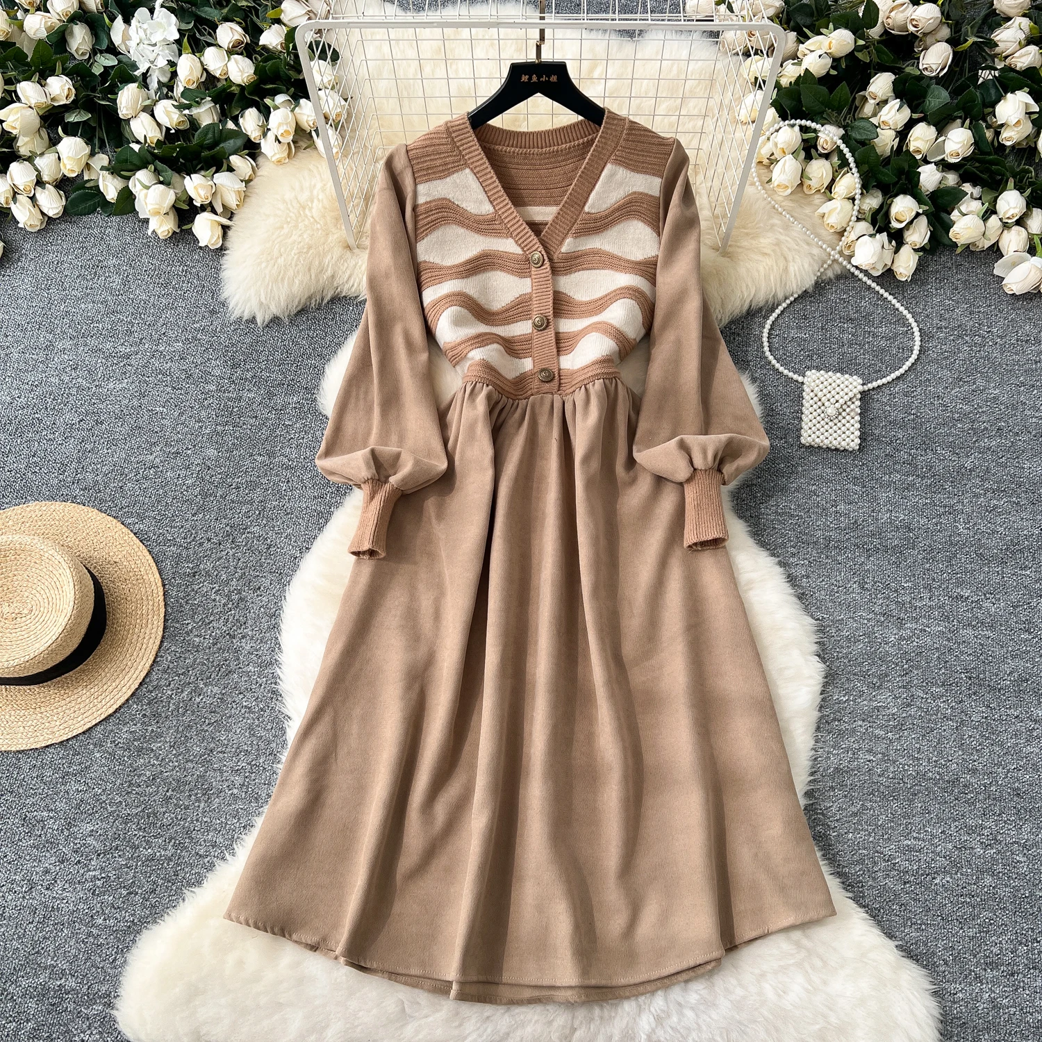 Elegant V-neck Vintage Long Sleeve Chic Wavy Striped Knit Spliced Slim Dresses Korean High Street Evening Autumn Winter Clothing