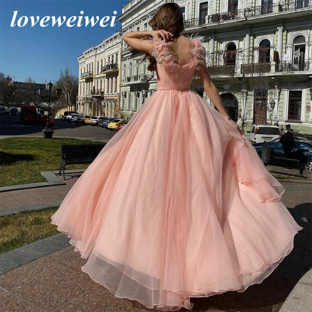 New Elegant Long Pink V-Neck With Plumage Evening Dresses Side Slit A-Line Pleated Tulle Zipper Back Prom Party Gown