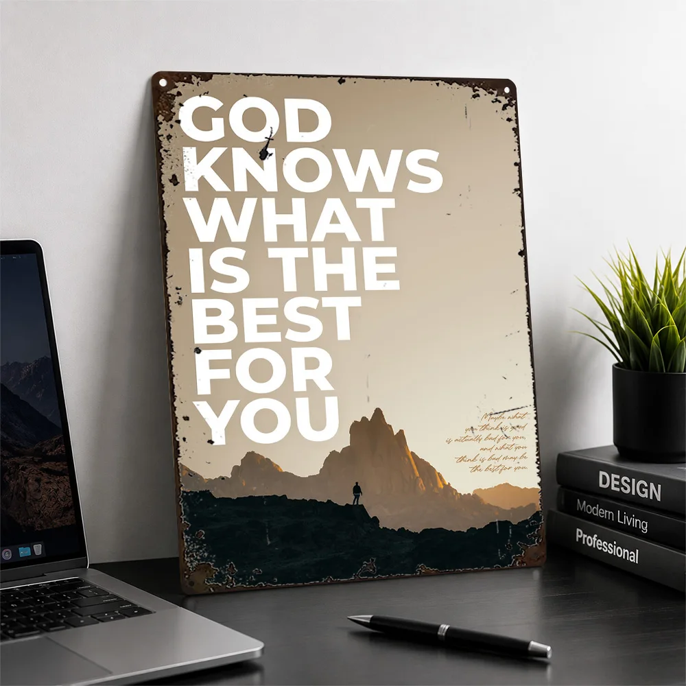 God Knows Best Mountain Quote Printed Poster Typography Wall Art For Study Personalized Aluminum Metal Sign Encouragement Gift