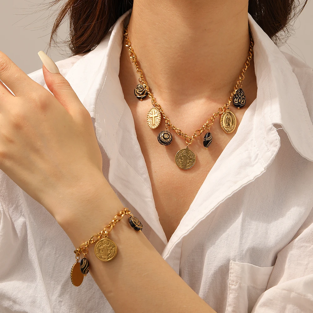 DIEYURO 316L สแตนเลสสตีลโกลเด้นรอบภาพเหมือนครอสสีดำโรสจี้สร้อยข้อมือผู้หญิงใหม่คลาสสิกข้อมือเครื่องประดับของขวัญ