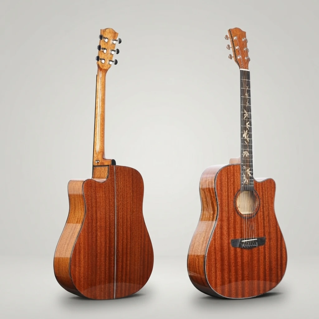 41 Inch Cutaway Acoustic Guitar 6 String Floral Inlay Fretboard Chrome Tuners Glossy Brown Body White Binding Bridge Pins