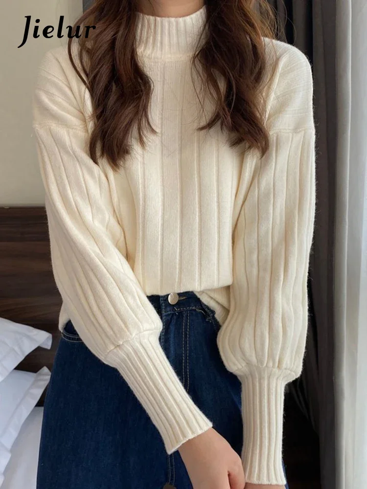 

Jielur Half Turtleneck Pullovers Women Solid Color Simple Fashion Streetwear Long Sleeve Knitted Sweater New Autumn Winter Tops