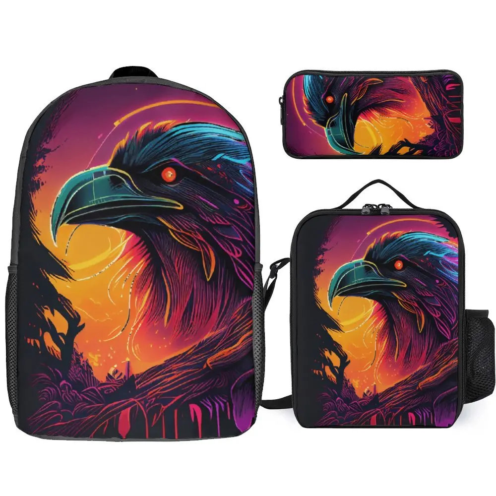 3 in 1 Set 17 Inch Backpack Lunch Bag Pen Bag Synthwave Raven Skull Demon Slayer 19 Firm Casual Graphic Snug Summer Camps Pencil