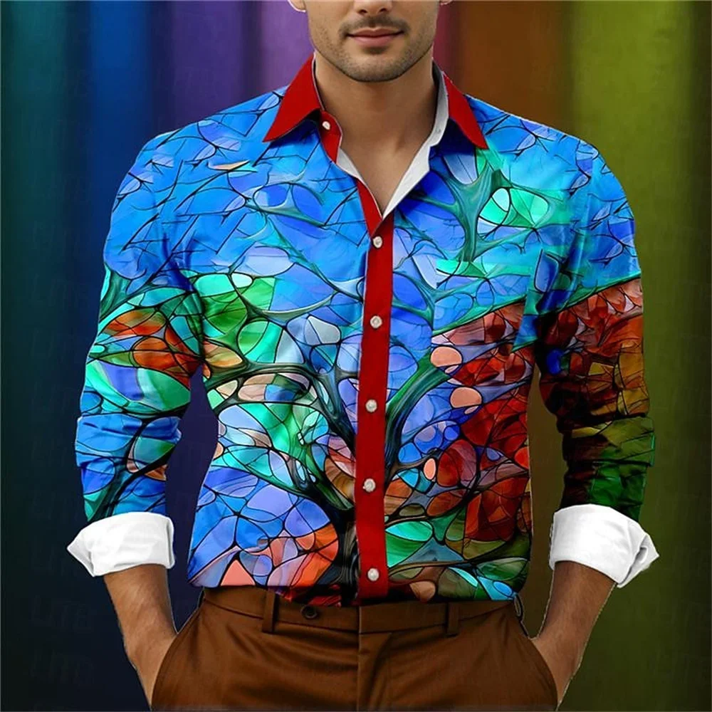 Summer designer designs patchwork gradient 3D printed lapel men\'s shirts, fashionable and high-quality long sleeved clothing