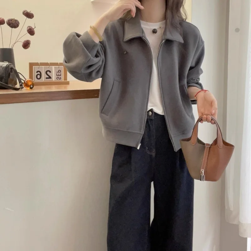 سترة نسائية قصيرة بسحاب، معطف بياقة شال كبير الحجم على الطراز الكوري لعام 2025 لمظهر نحيف