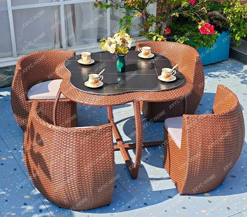 

Outdoor rattan tables and chairs courtyard garden balcony household storage sunscreen waterproof tables and chairs