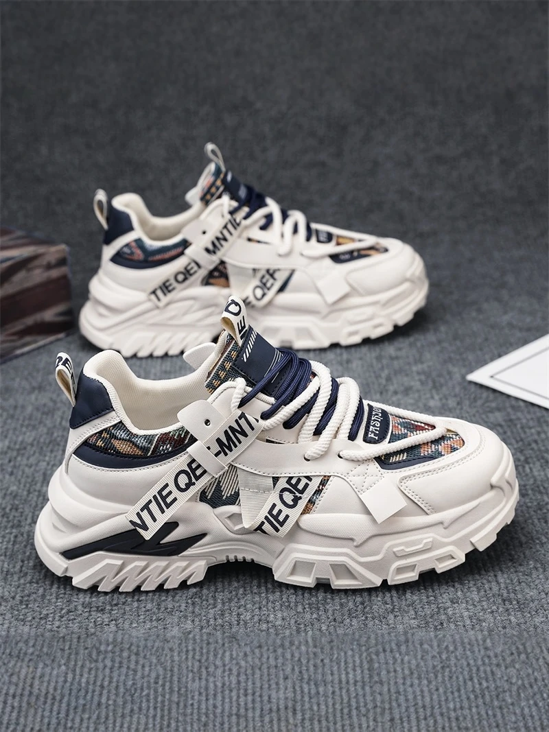 Men's Sporty Casual Running Shoes Fall Fashion Thick Bottom Heightening Dad Trendy Low Top Leather Inner Slip-On round Toe