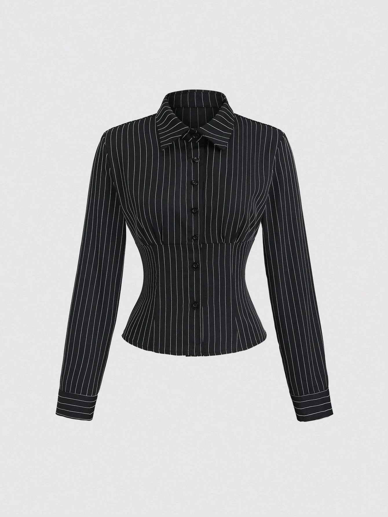 Women's Elegant Textured Button Fitted Waist Striped Long Sleeve Shirt Black Lady Office Single-breasted Crop Shirt Spring/Fall 56 Sfce09d647ffb476e8255920c255c4f1am