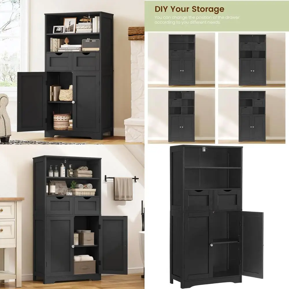 

Elegant Black Tall Storage Cabinet with 2 Drawers and Adjustable Shelves for Home Organization