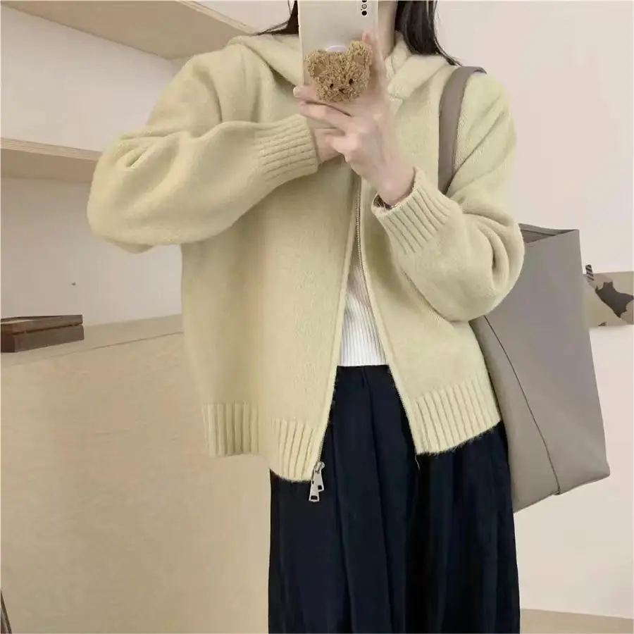 

Zipper Cardigan Jumpers Spliced Hooded Long Sleeve Knitting Sweater Loose Fit Solid Women Jumper Slight Strech High Street