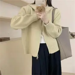 Zipper Cardigan Jumpers Spliced Hooded Long Sleeve Knitting Sweater Loose Fit Solid Women Jumper Slight Strech High Street