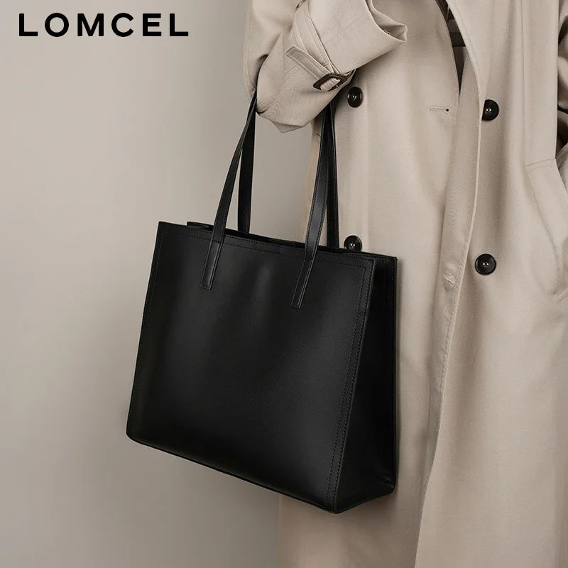 LOMCEL 114 New limited-edition tote bag for women, genuine leather, large capacity, briefcase-style, computer bag, black leather