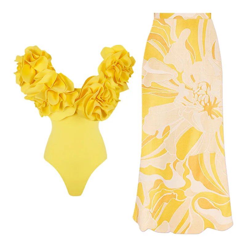 Women's Swimsuit Yellow Rose Flower Decoration One Piece with Printing Skirt