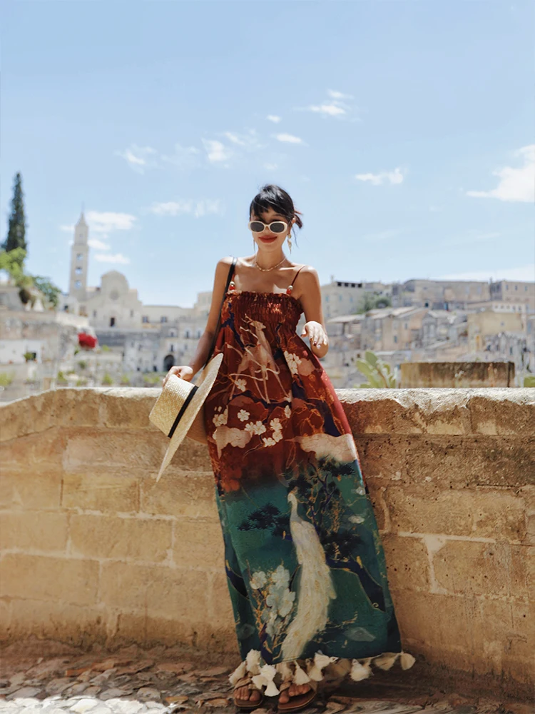 

TIYIHAILEY A-line Long Maxi Dress Women Sleeveless Loose Summer Vintage Strap Chinese Style Dresses 2025 New Tassels Red Green