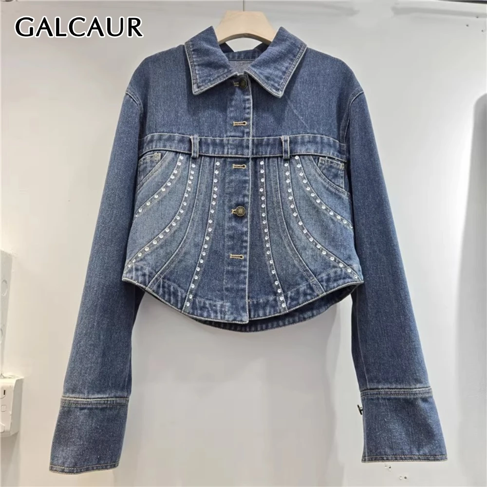 

GALCAUR Blue Spliced Diamond Slimming Jacket Female Lapel Long Sleeve Basics Temperment Women's Jackets Style Fashion Clothing
