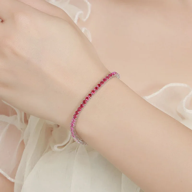 EWYA 2025 الأصلي كامل S925 3 مللي متر الأحمر الزركون سوار للتنس المرأة التدرج الفضة البحر الأزرق عالية الكربون الأحجار الكريمة سلسلة سوار #3