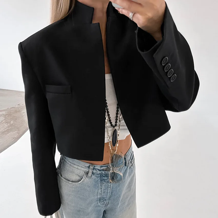 Women Black Blazer Stand Collar Open Stitich Long Sleeve Office Lady Autumn Spring Pockets Chic Female Blazer Short Suit Jacket