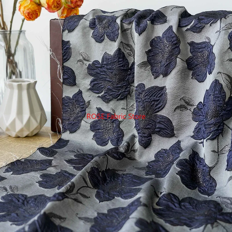 1 Meter Retro Thick Dark Blue Yarn Dyed Jacquard Fabric Classic Women's Spring Autumn Simple Style Dress Diy Sewing Fabric