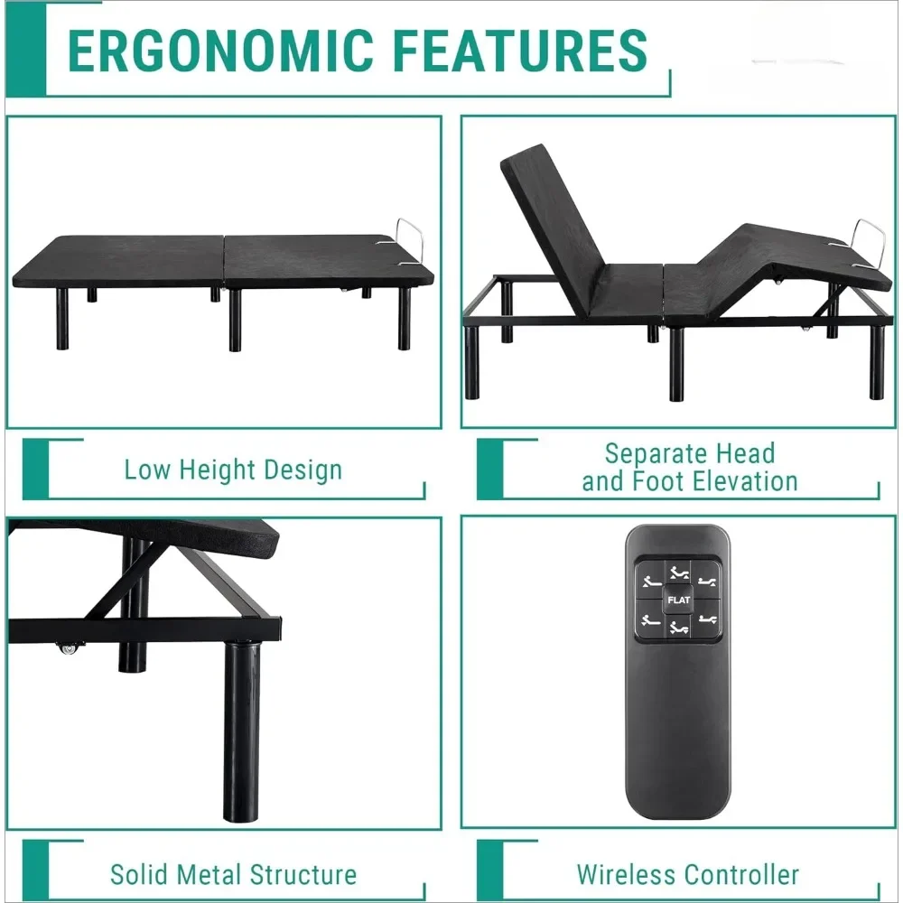 Marco de cama ajustable Split King, cabezal y pie inclinado, 7 posiciones ajustables, control remoto inalámbrico, compacto, marco de cama eléctrico
