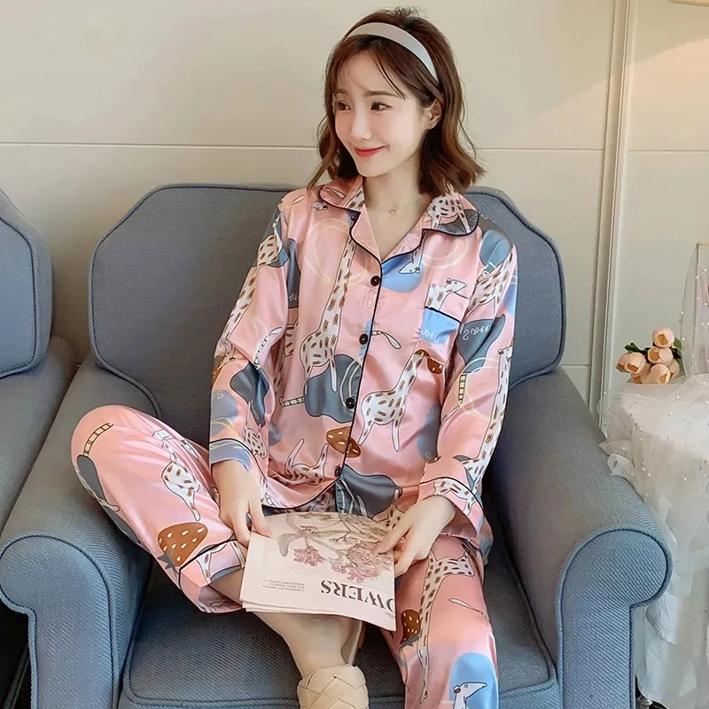 Ice Silk Satin Print Pajama Sets Womens Soft Smooth Long Sleeve Sleepwear 2 Piece Conjunto Spring Loose Pants Loungewear Suits