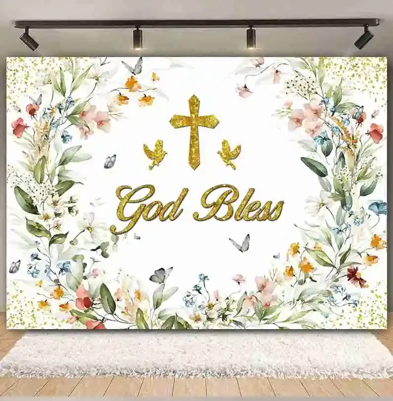 First Holy Communion Backdrop Thanks Pastor God Bless Green Leaf Cross Boy Girl Baby Baptism Party Decor Photography Background