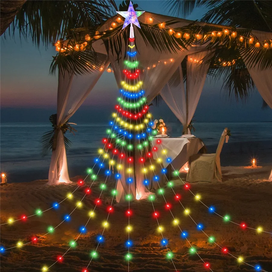 

USB Remote Christmas Garland Fairy Garden Lights Outdoor LED Five-pointed Stars Waterfall String Lights for New Year Party Decor