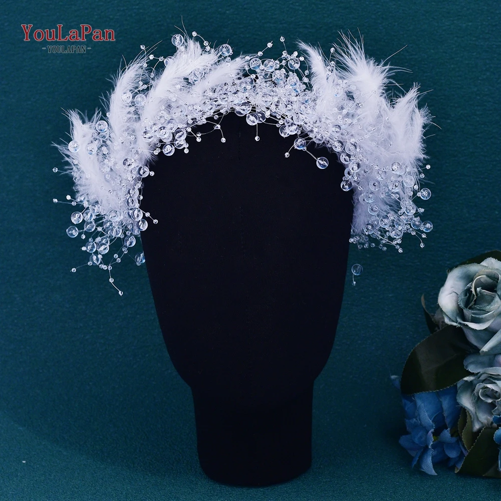 YoulaPan-Feather Pérola Headband, Cor Branca, Acessórios De Cabelo Do Casamento, Jóias De Moda De Cristal, Festa De Casamento Headwear, HP725 Cu