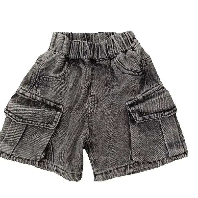 

Summer Boys Denim Shorts Korean Style Children's Black Cargo Shorts Trendy Loose Knee-Length Pants for Kids 2-10 Years
