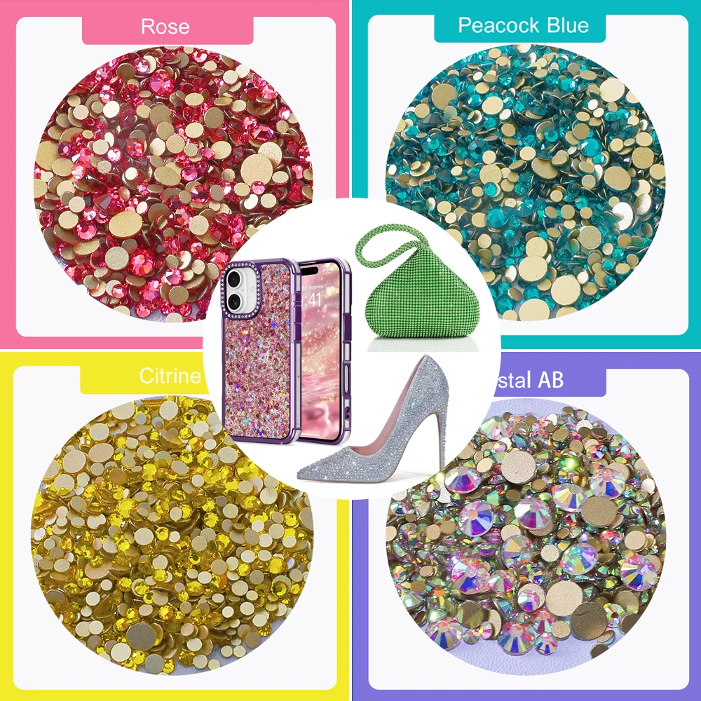 Gold Back Mix Size Glass Flatback Rhinestone Glitter Crystals AB Stones Non Hotfix Strass Rhinestones for Diy Craft Clothes
