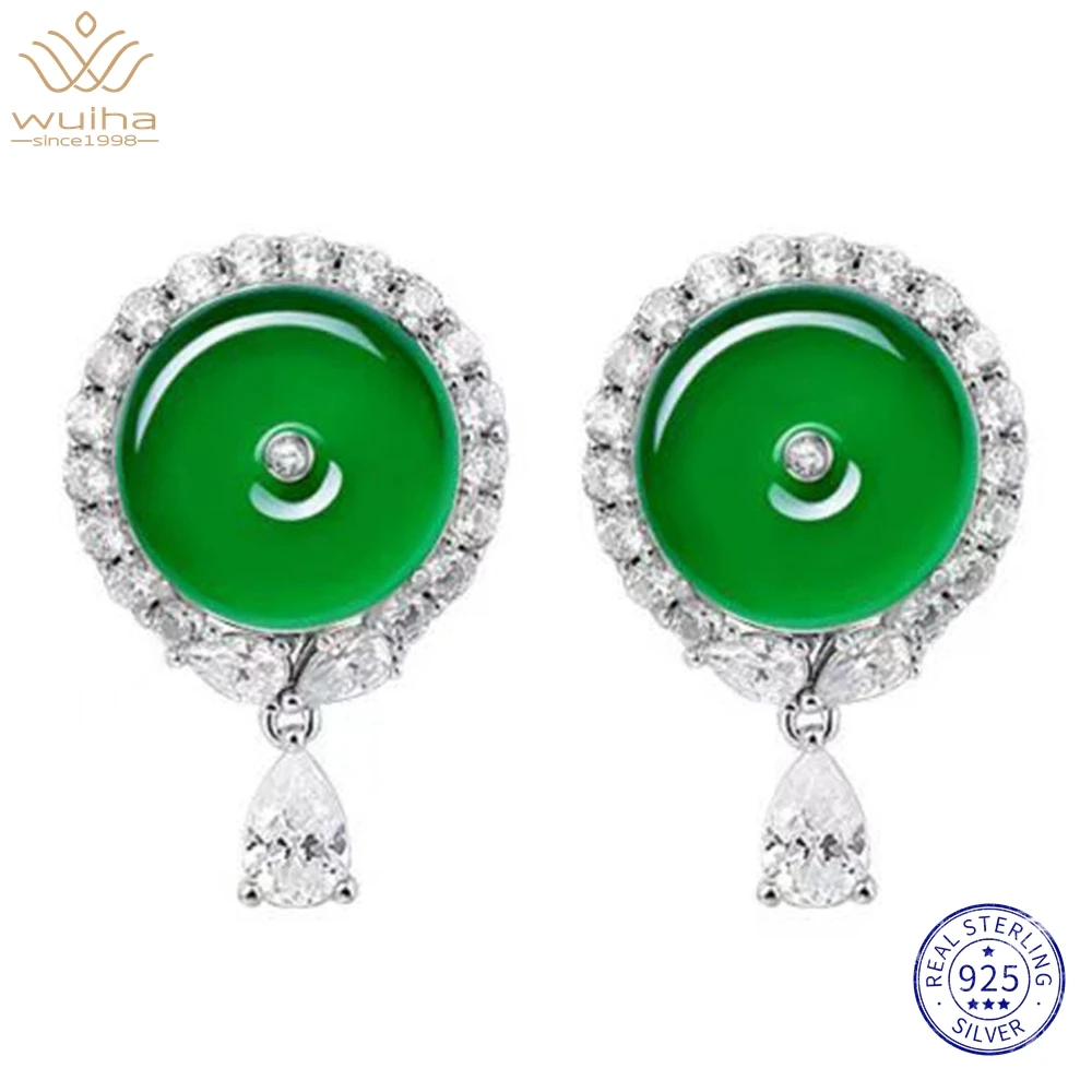 

WUIHA Vintage 100% 925 Sterling Silver Natural Green Jade Lab Sapphire Gemstone Wedding Party Earrings Ear Studs Fine Jewelry