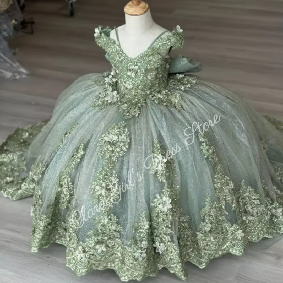 

Customized Flower Girl Dress Tulle Floral Appliques With Bow For Wedding Birthday Party Prom Evening Banquet Princess Gown