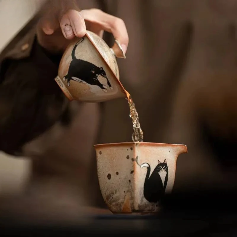 130ml Handmade Wood-fired Porcelain Gaiwan Retro Kiln Change Zhiye Cat Pottery Tea Tureen Maker Cover Bowl For Ornaments Craft view 2