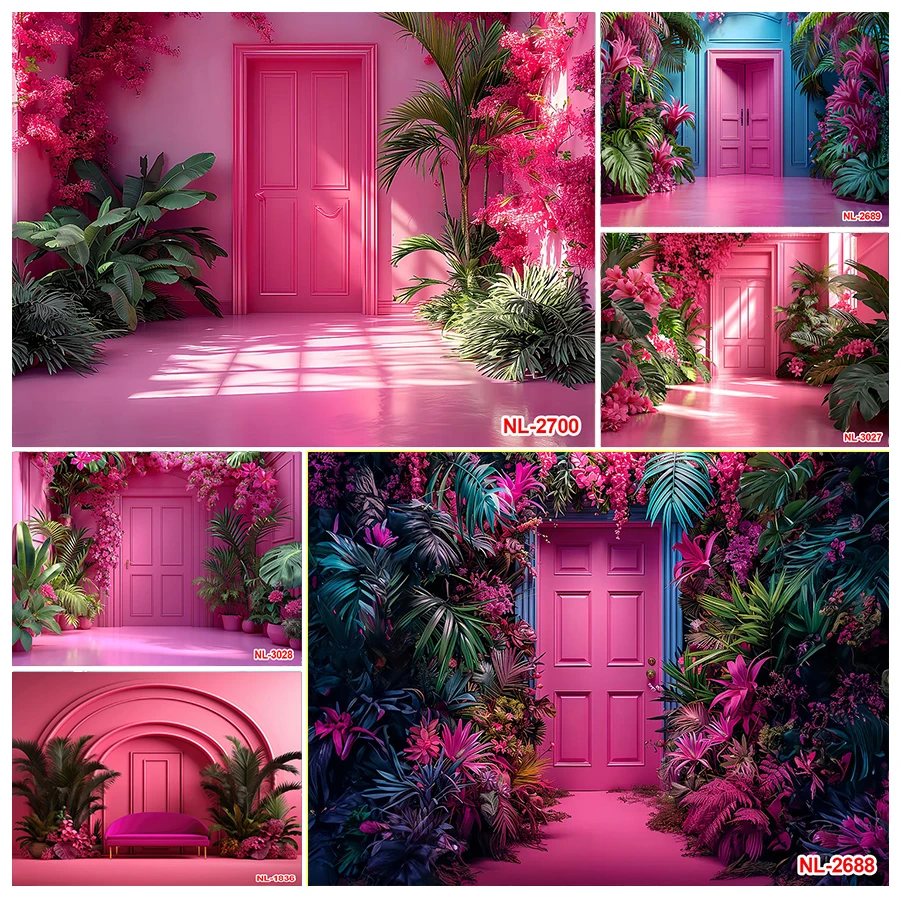 

Photography Background Summer Pink Door Barbie Princess Girls Birthday Party Cake Smash Portrait Decor Backdrop Photo Studio